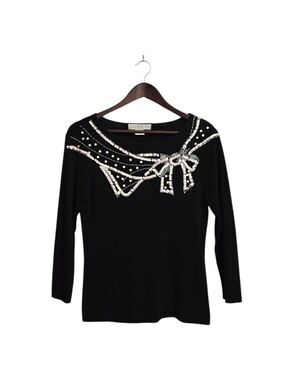 Lucia Burns Vintage Black Beaded Sequin Bow Detail 3/4 Sleeve Top Sz M